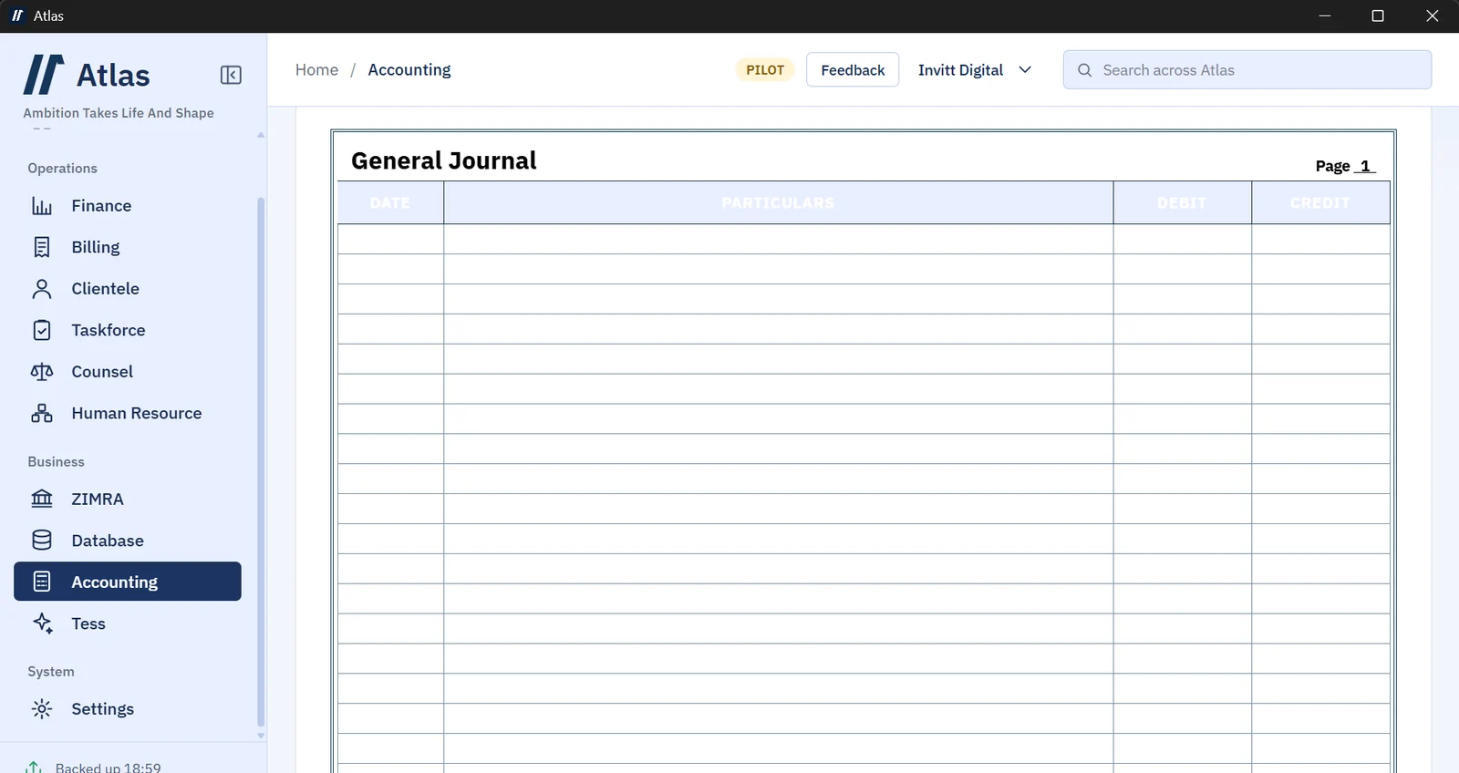The Accounting screen showing a General Journal page
