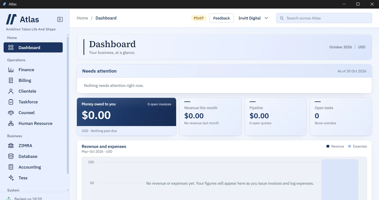 The Atlas dashboard showing money owed, revenue this month, pipeline, open tasks and a revenue and expenses chart
