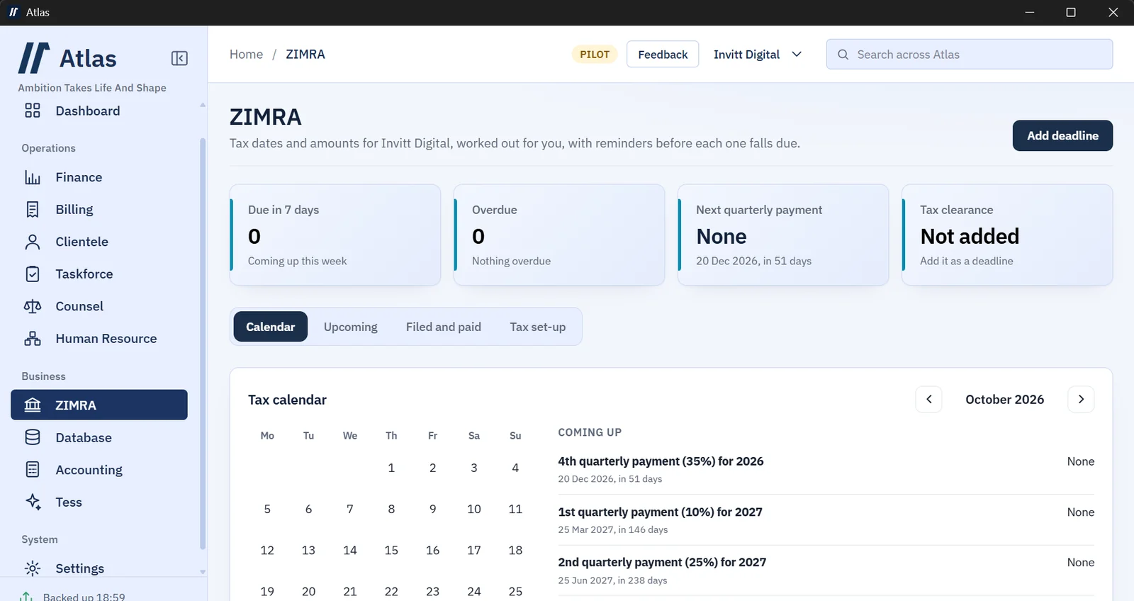 The ZIMRA screen with a tax calendar and upcoming payment dates